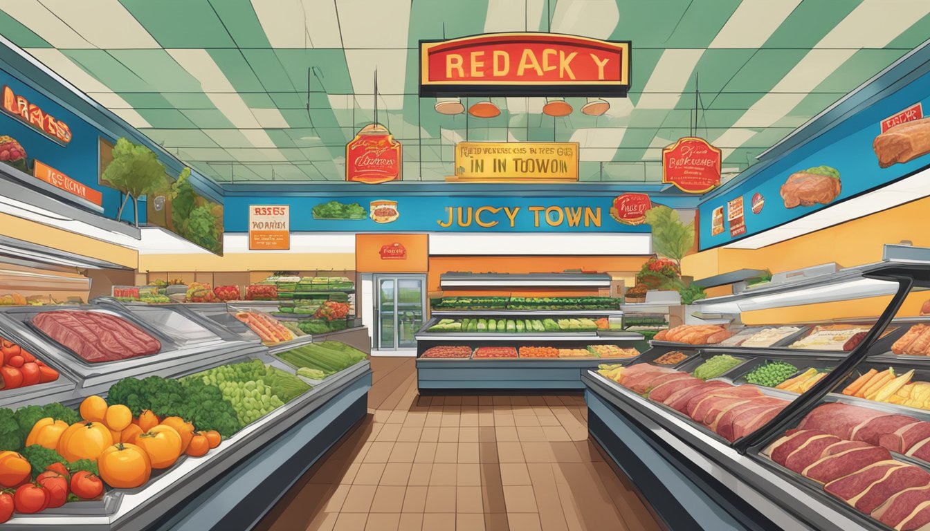 A display of prime steaks at a grocery store, surrounded by vibrant produce and signage boasting "juicy verdict" and "best in town."