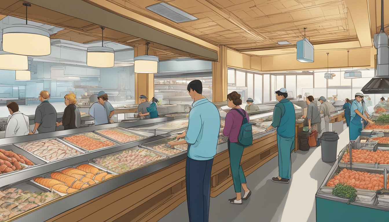 A bustling seafood market with a variety of fresh, premium raw fish on display, including sushi grade options. Customers browse the selection of fish, while staff members expertly prepare orders behind the counter