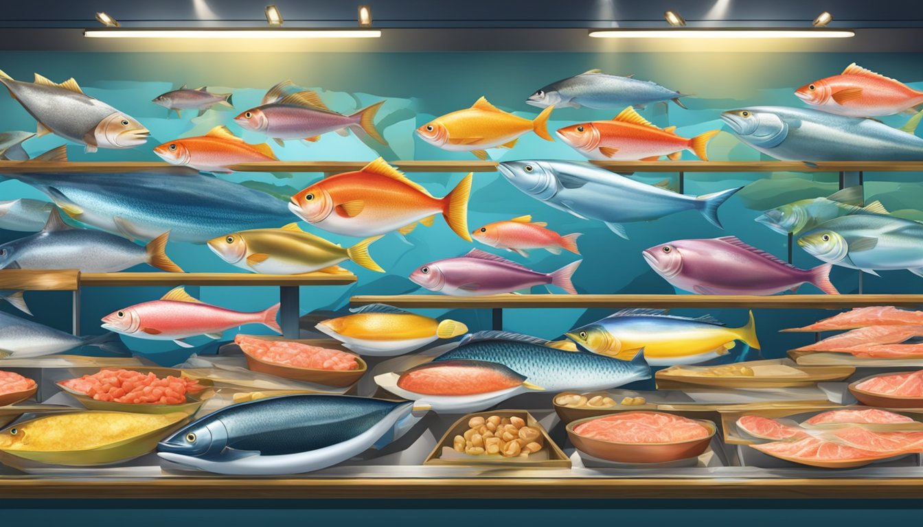 A fish market display showcases a variety of premium raw fish, including tuna, salmon, and yellowtail, with ice beds and vibrant colors