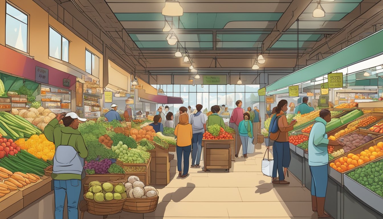 A bustling market filled with colorful displays of fresh produce, artisanal bread, and organic products, with customers browsing the aisles and chatting with knowledgeable staff