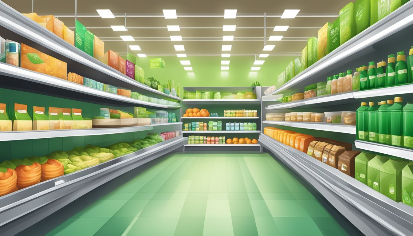 Aisle with vibrant green labels, showcasing eco-friendly products in a modern grocery store