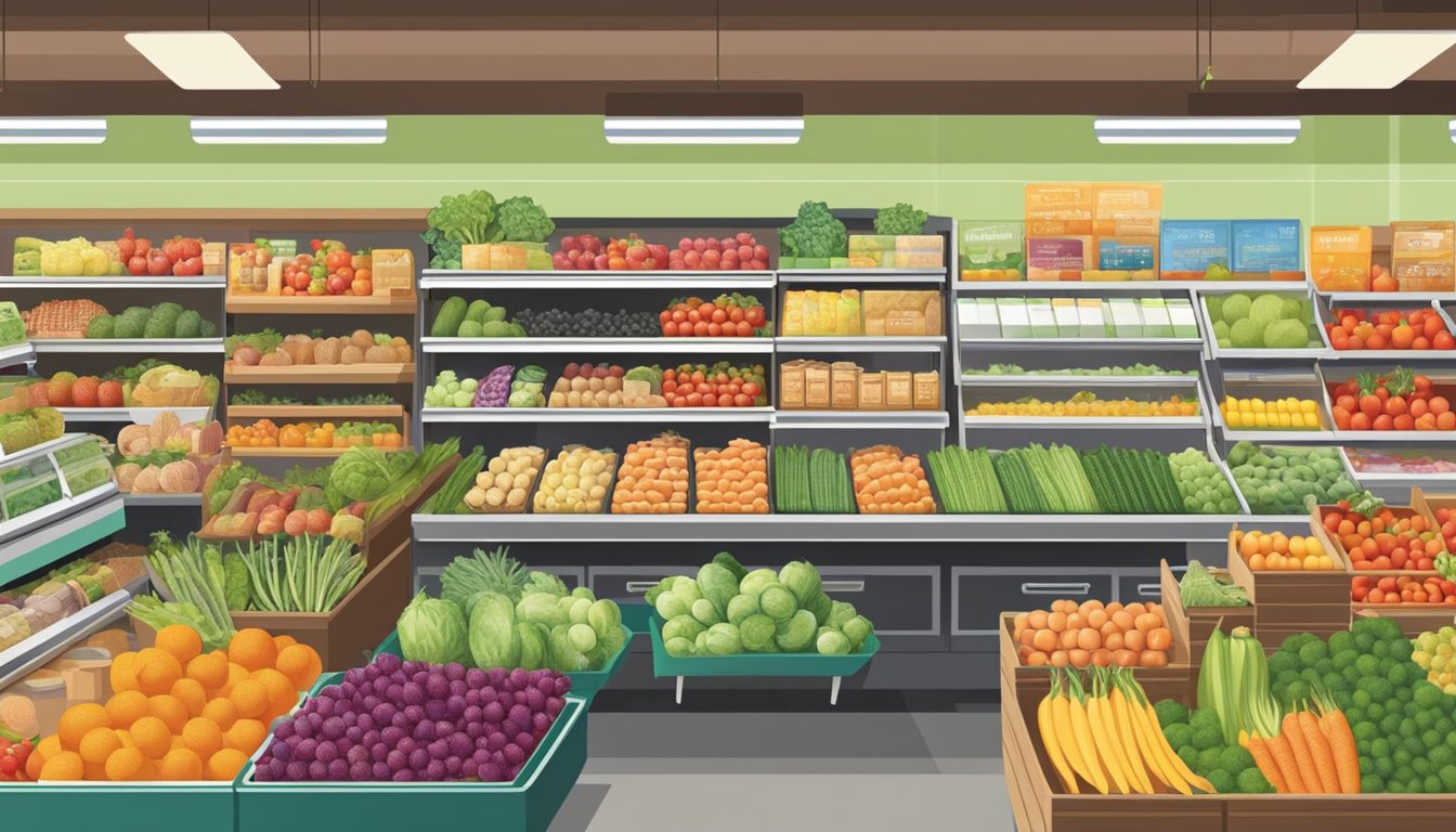 A bustling grocery store with colorful displays of fresh produce and a variety of unprocessed foods