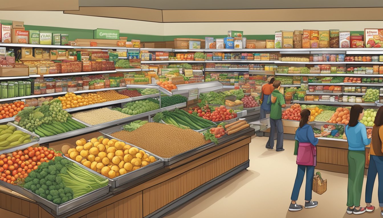 A bustling Earth Fare grocery store, filled with colorful displays of fresh produce, bulk bins of grains and nuts, and a wide selection of unprocessed foods