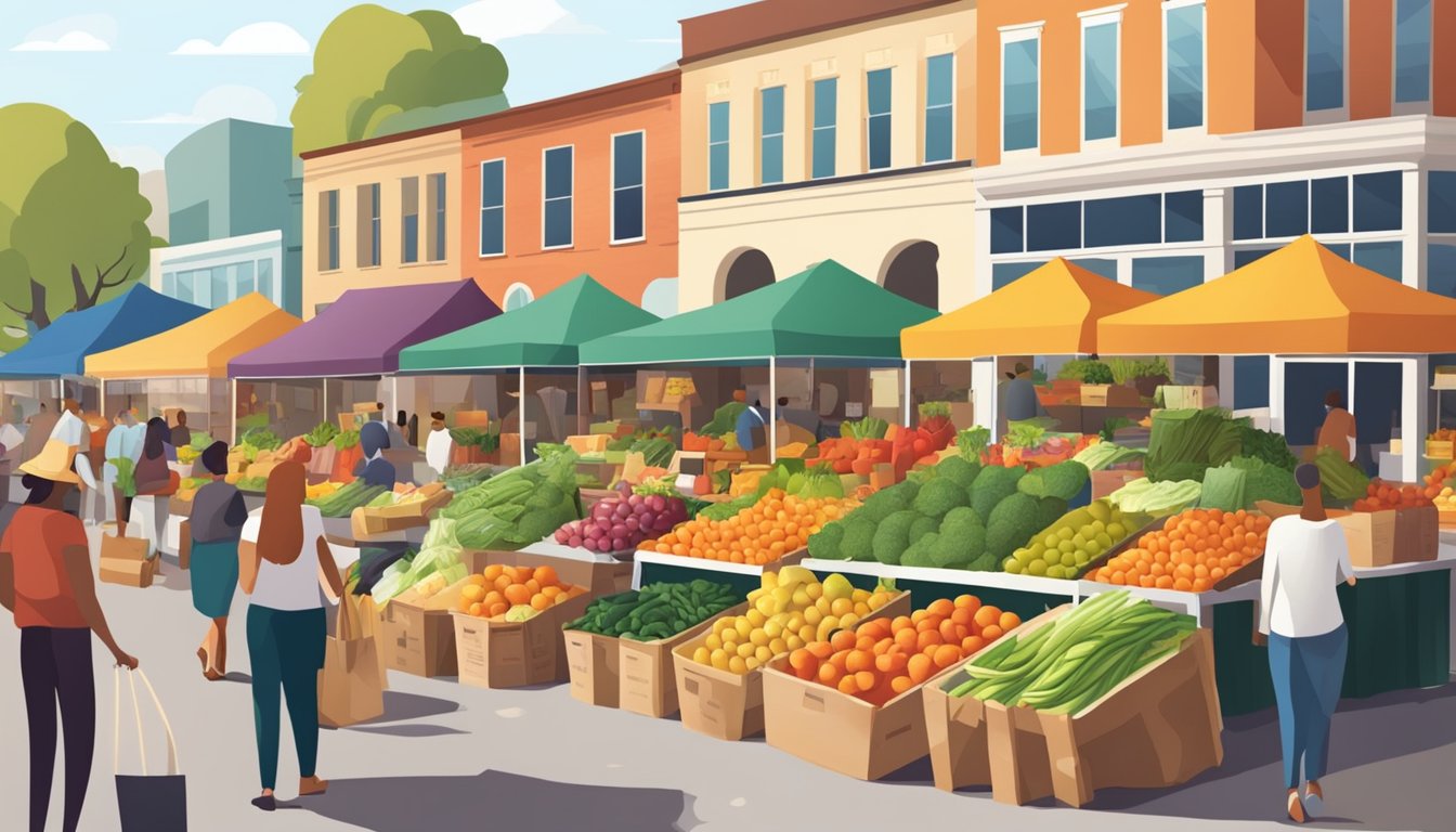 A bustling farmers market with colorful stalls showcasing fresh fruits, vegetables, and whole foods