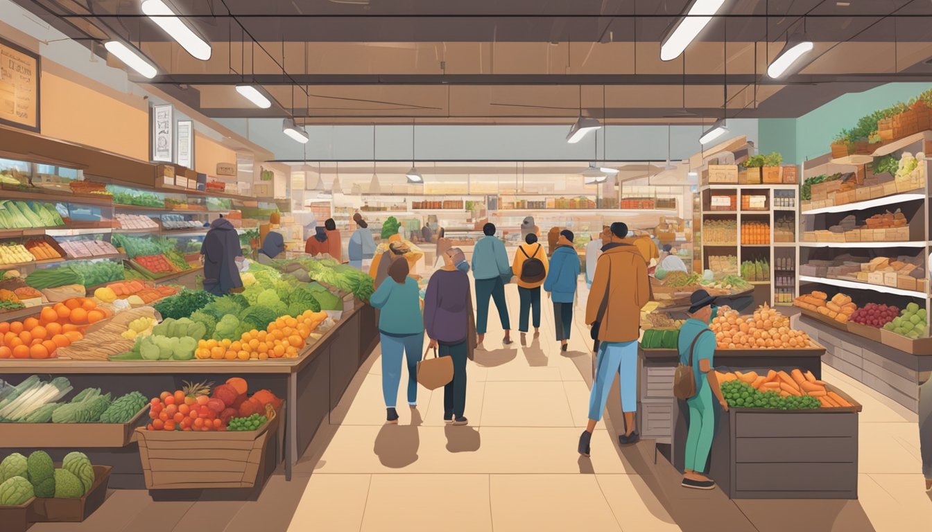 A bustling market with colorful produce, artisanal bread, and shelves stocked with organic goods. Customers browse the aisles, sampling fresh finds