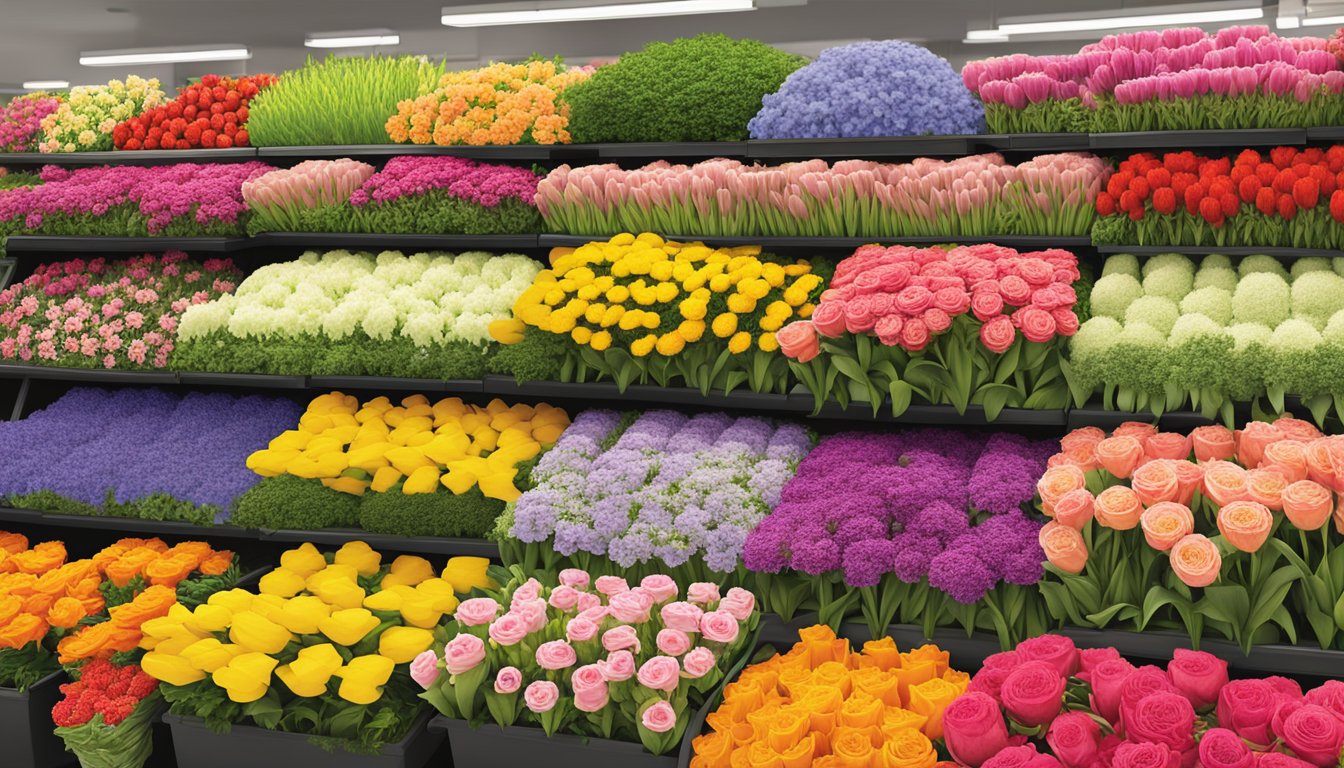 A colorful display of fresh flowers at Wegmans, with vibrant blooms and lush greenery, attracting shoppers seeking the best grocery store for floral bargains