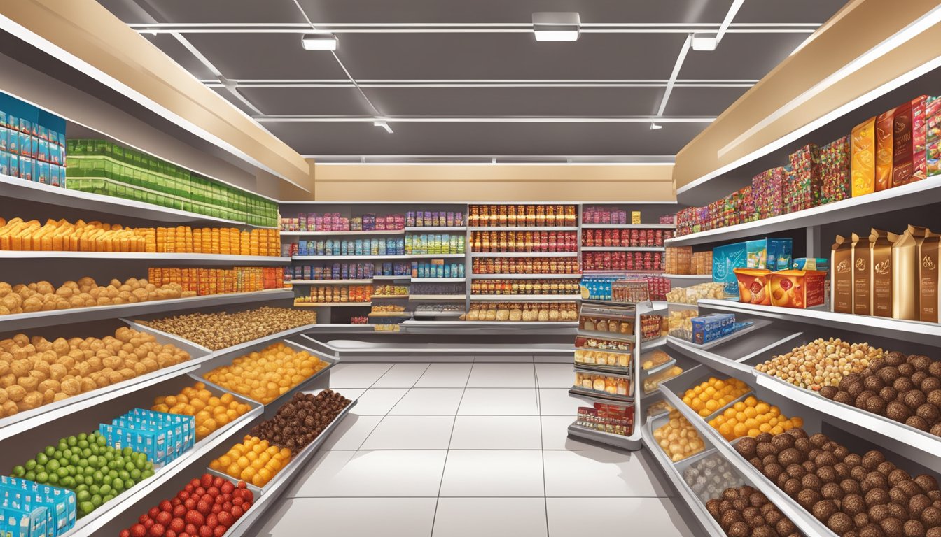 A display of Lindt Lindor Milk Chocolate Truffles surrounded by shelves of tempting snacks in a bustling grocery store