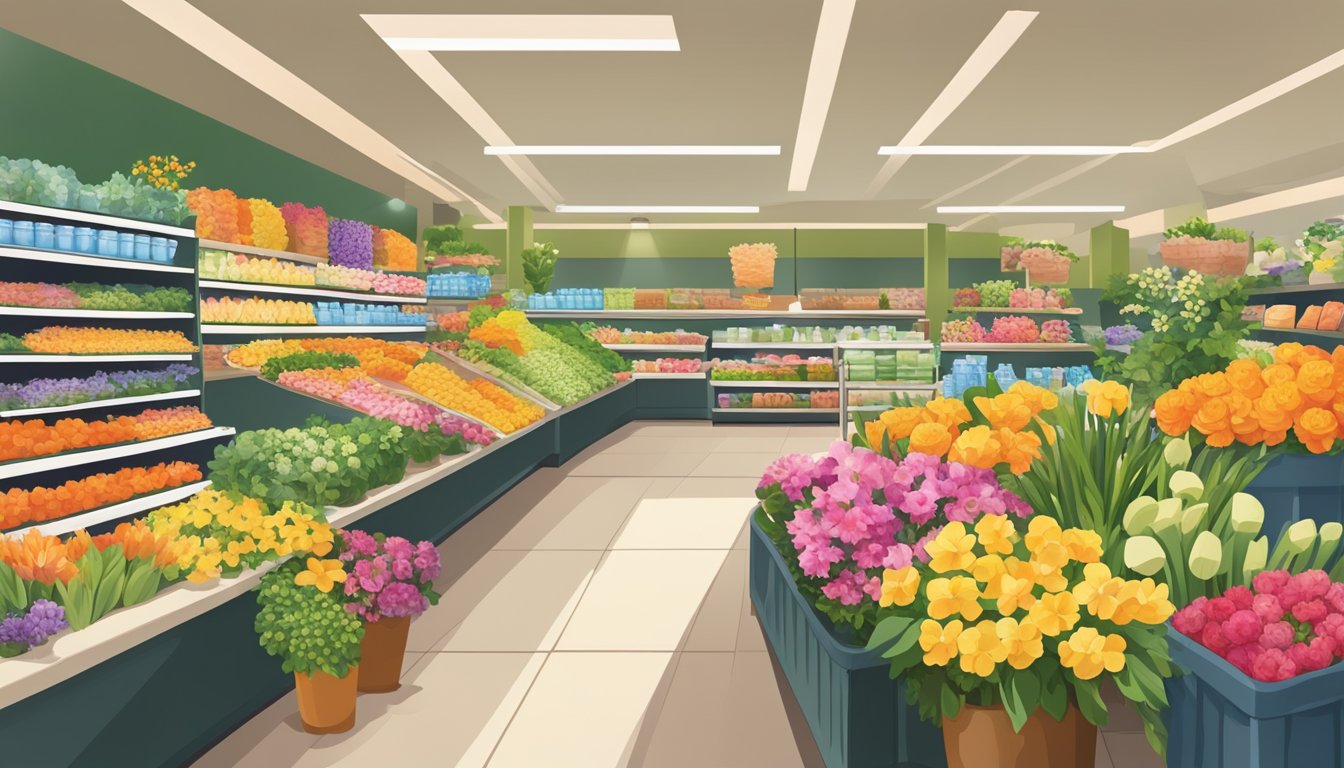 A vibrant display of fresh flowers at a bustling grocery store, with colorful blooms and lush greenery carefully arranged in buckets and vases