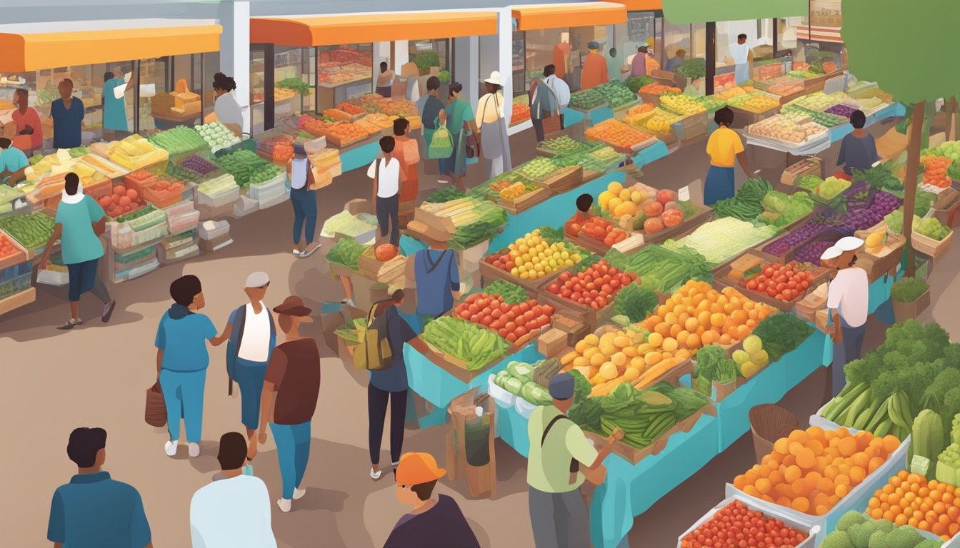 A bustling market with colorful displays of fresh fruits, vegetables, and unprocessed foods. Shoppers inspecting produce and chatting with vendors