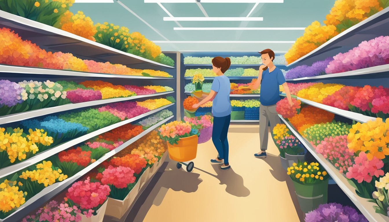 Vibrant flowers fill the aisles, neatly arranged in buckets. Sunlight streams in, illuminating the colorful blooms. Shoppers carefully inspect and select their favorite blossoms