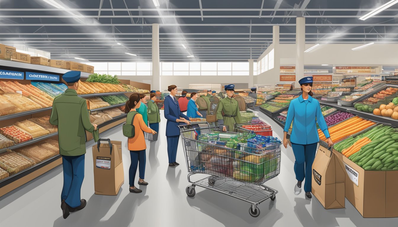 A depiction of a Costco store with a prominent display of military discounts and a line of service members shopping