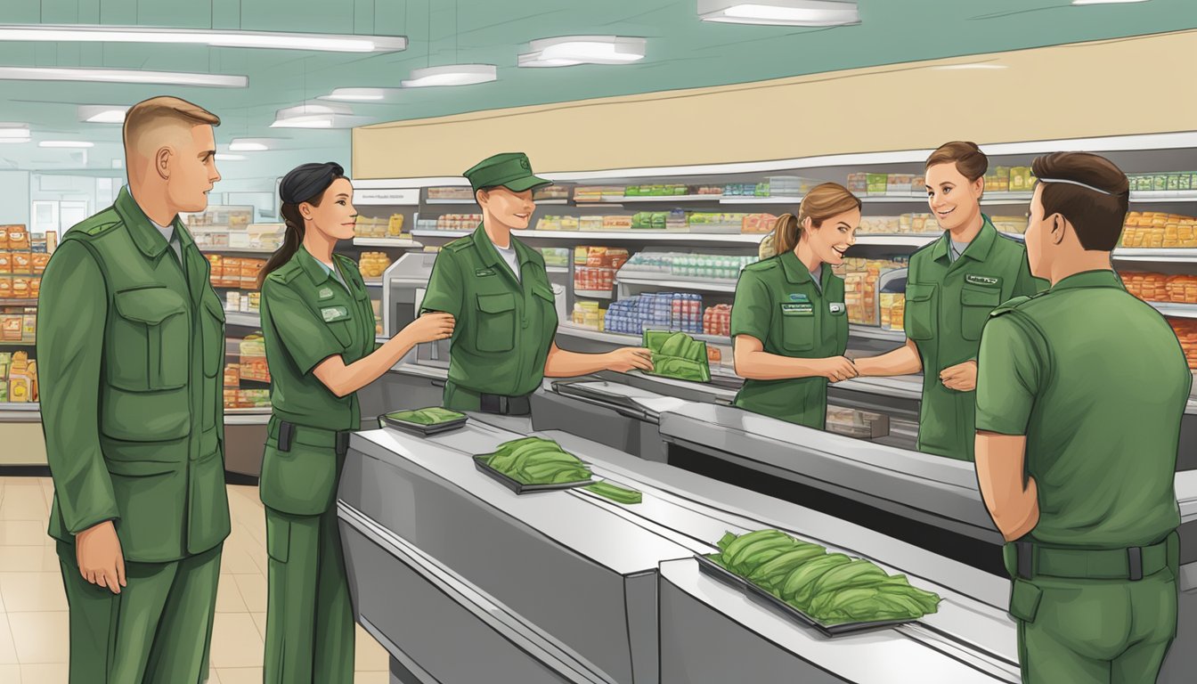 A line of military personnel at the checkout counter, receiving discounts at a Publix grocery store