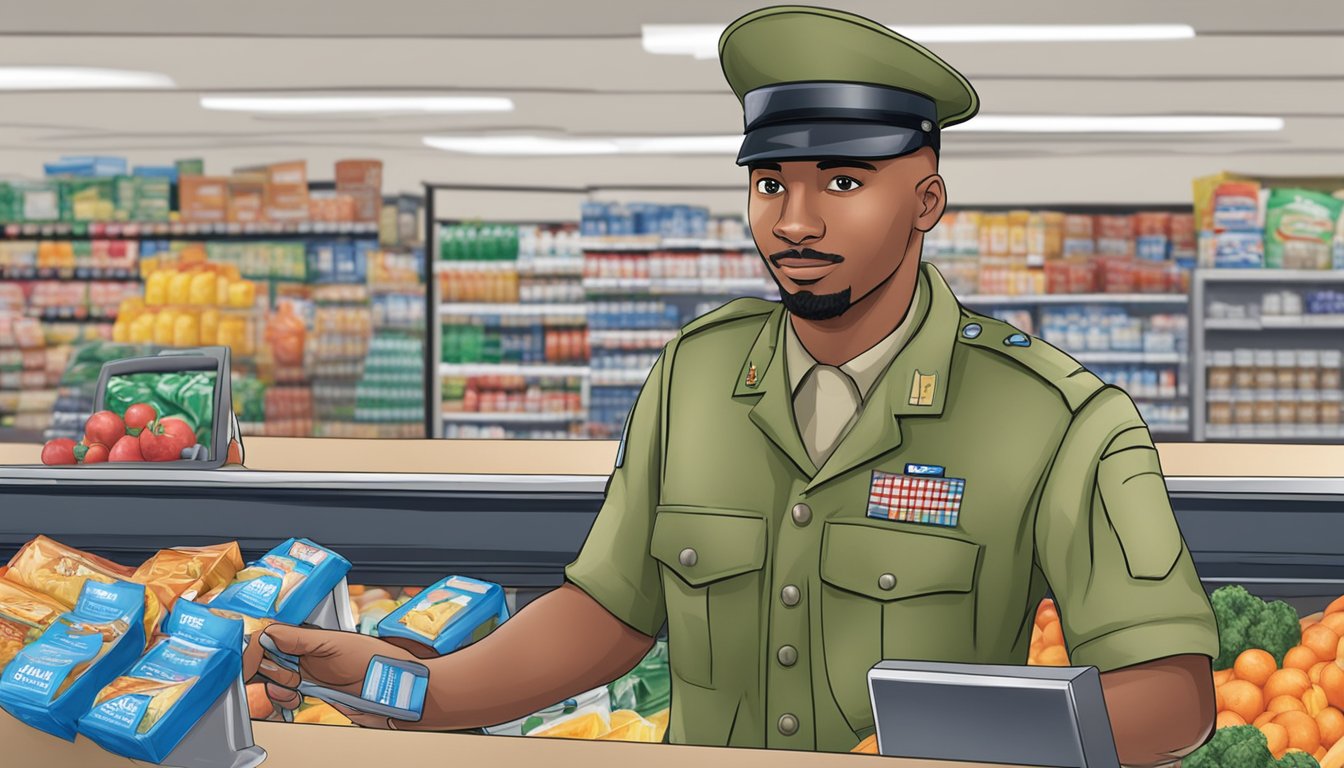 A soldier in uniform at the checkout counter, receiving a discount while shopping at Albertsons