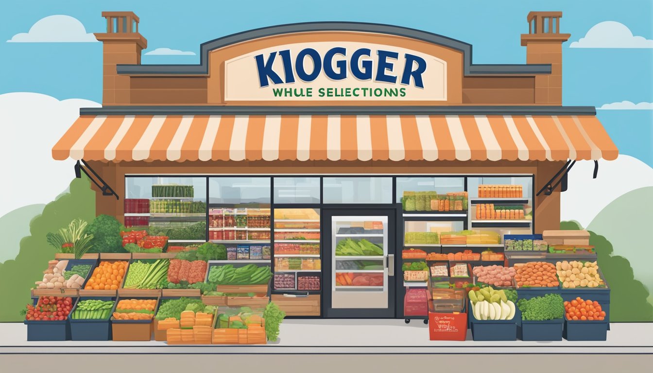 A colorful display of fresh produce, meats, and packaged goods labeled "Kroger Whole30 Selections" with a prominent "top grocery stores" banner