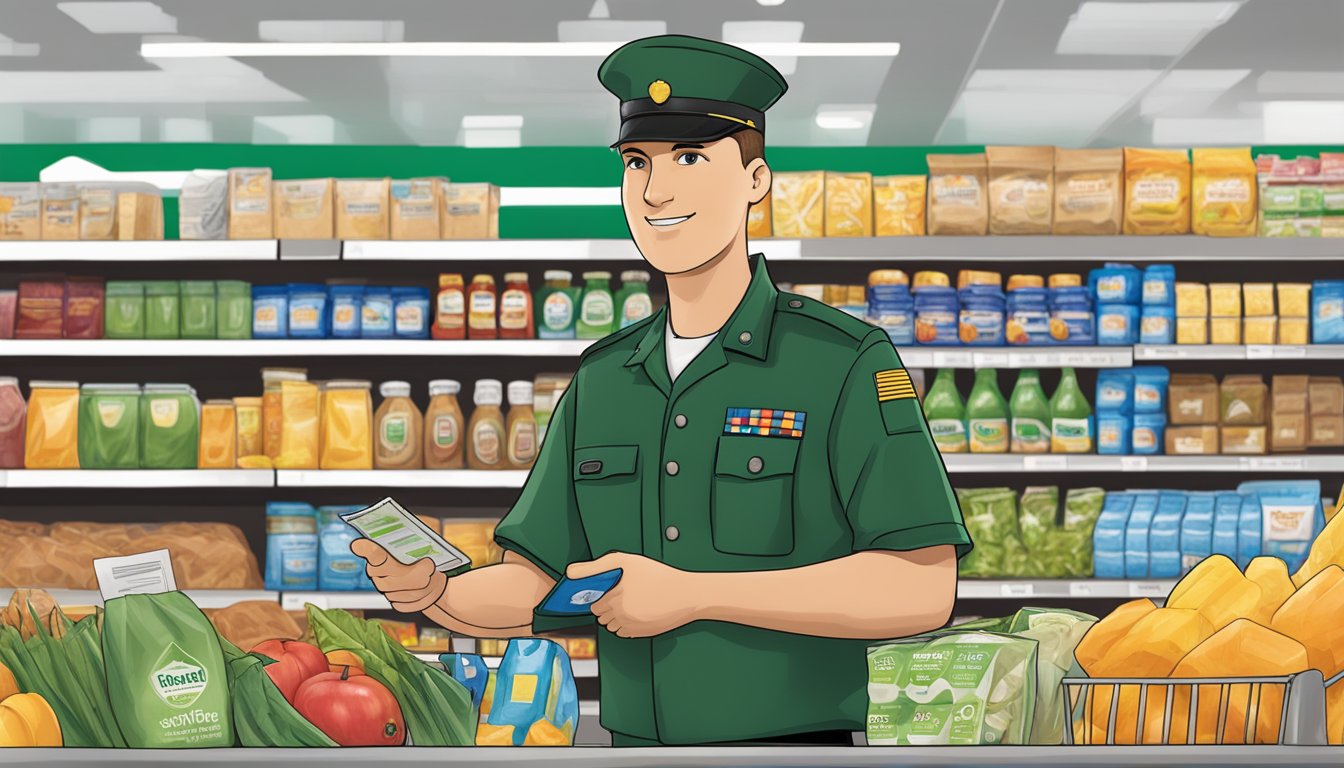 A soldier in uniform presenting ID at Harris Teeter checkout