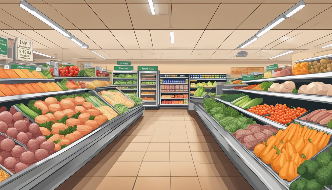 A grocery store aisle filled with fresh produce, lean meats, and whole foods, neatly organized and labeled for easy navigation