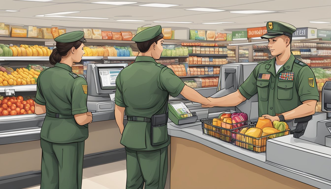 A line of military members in uniform at a grocery store checkout, receiving discounts from a cashier