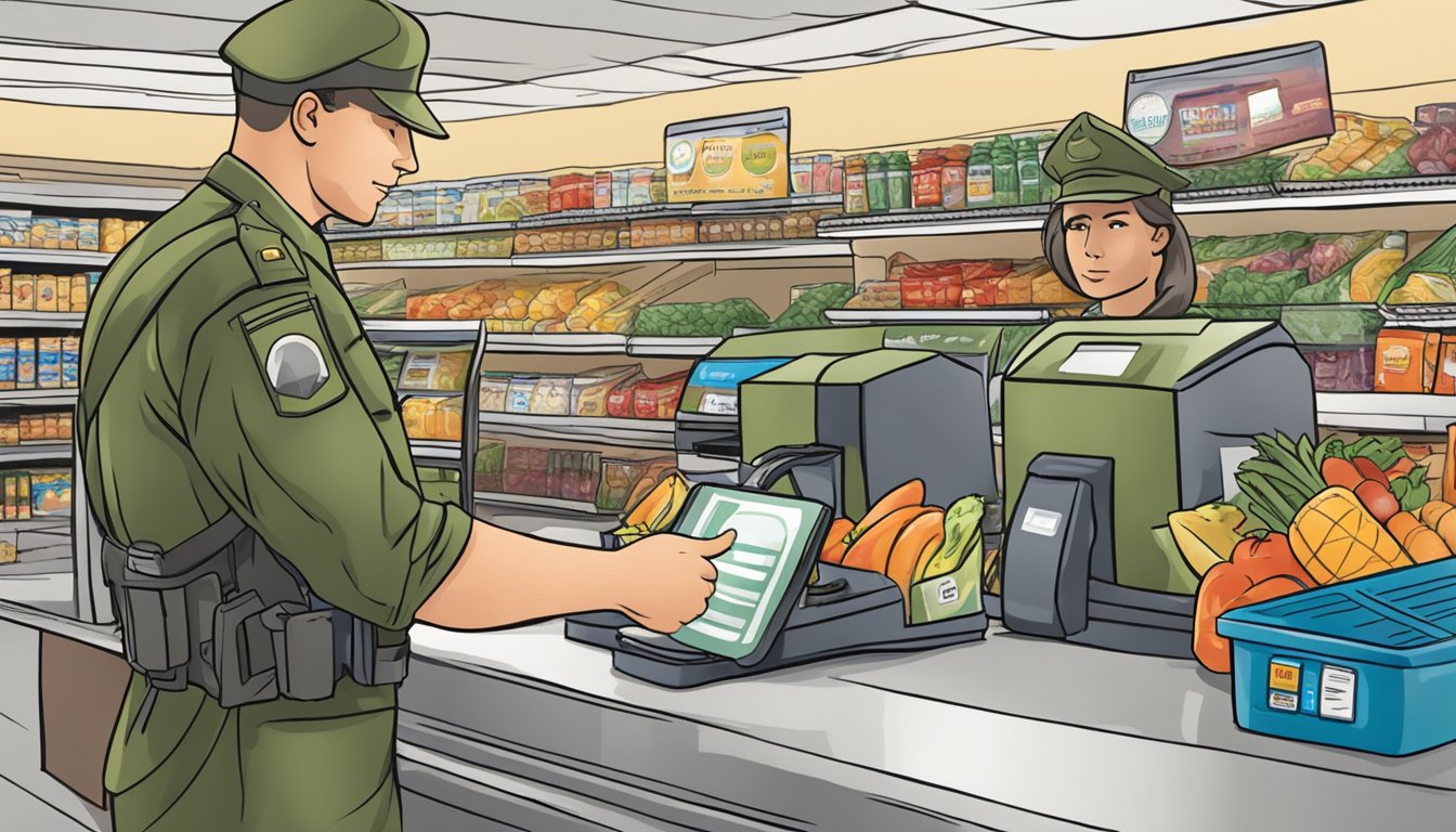 A soldier in uniform at a grocery store checkout, showing their military ID to receive a discount on their groceries