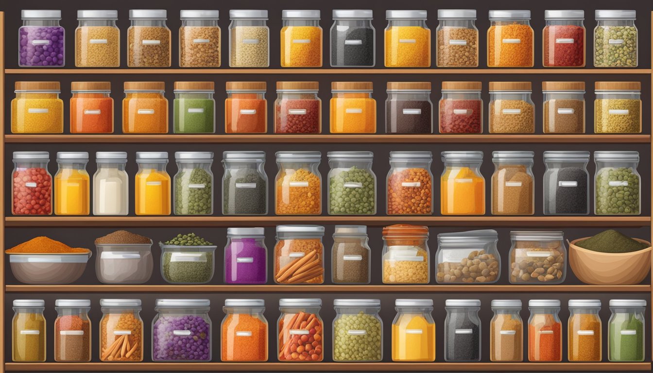 A vibrant display of colorful spices arranged in rows on shelves, with exotic and essential varieties labeled and showcased at a grocery store