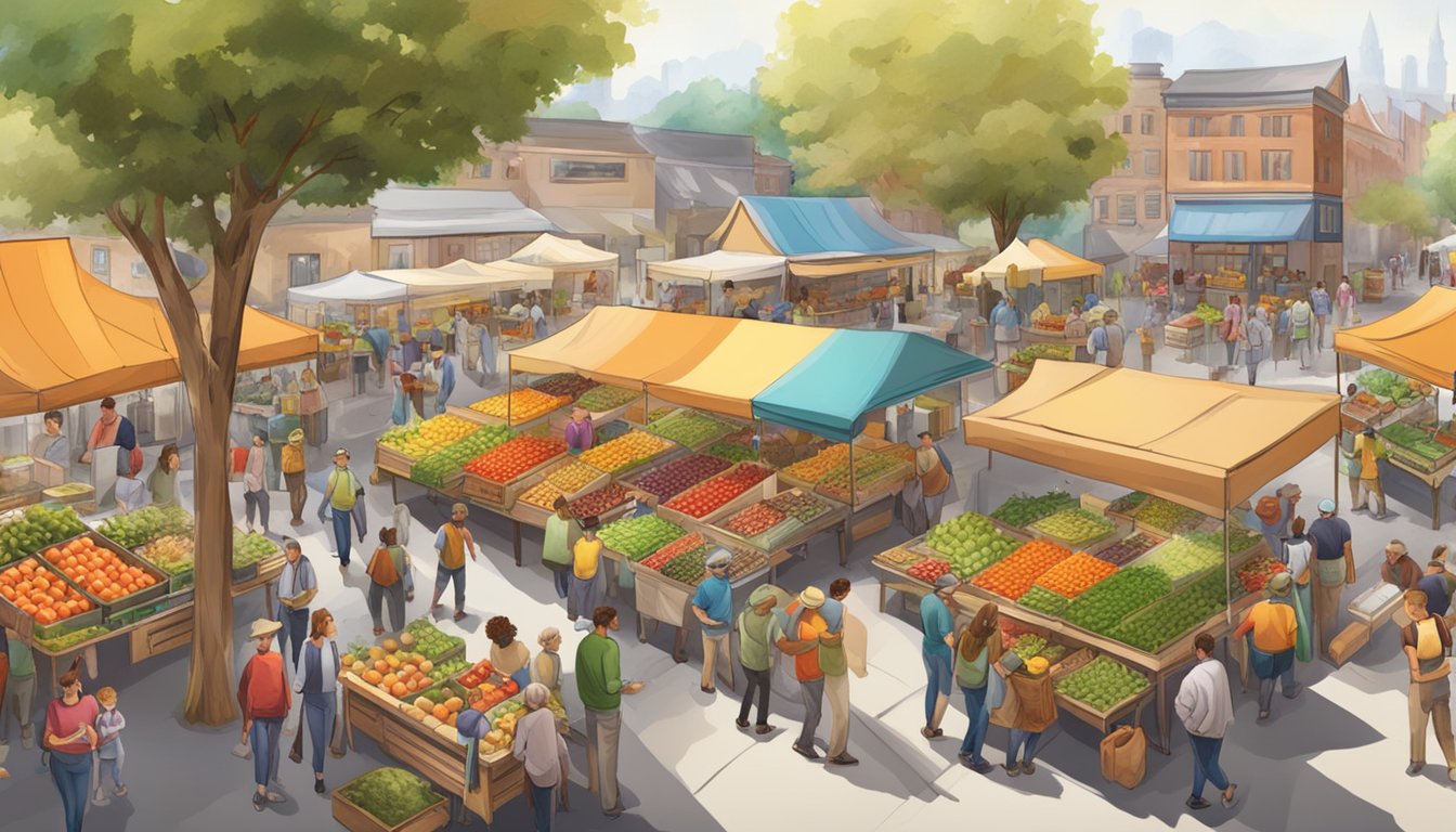 A bustling farmers' market with colorful stalls brimming with fresh fruits and vegetables, surrounded by eager shoppers and lively chatter