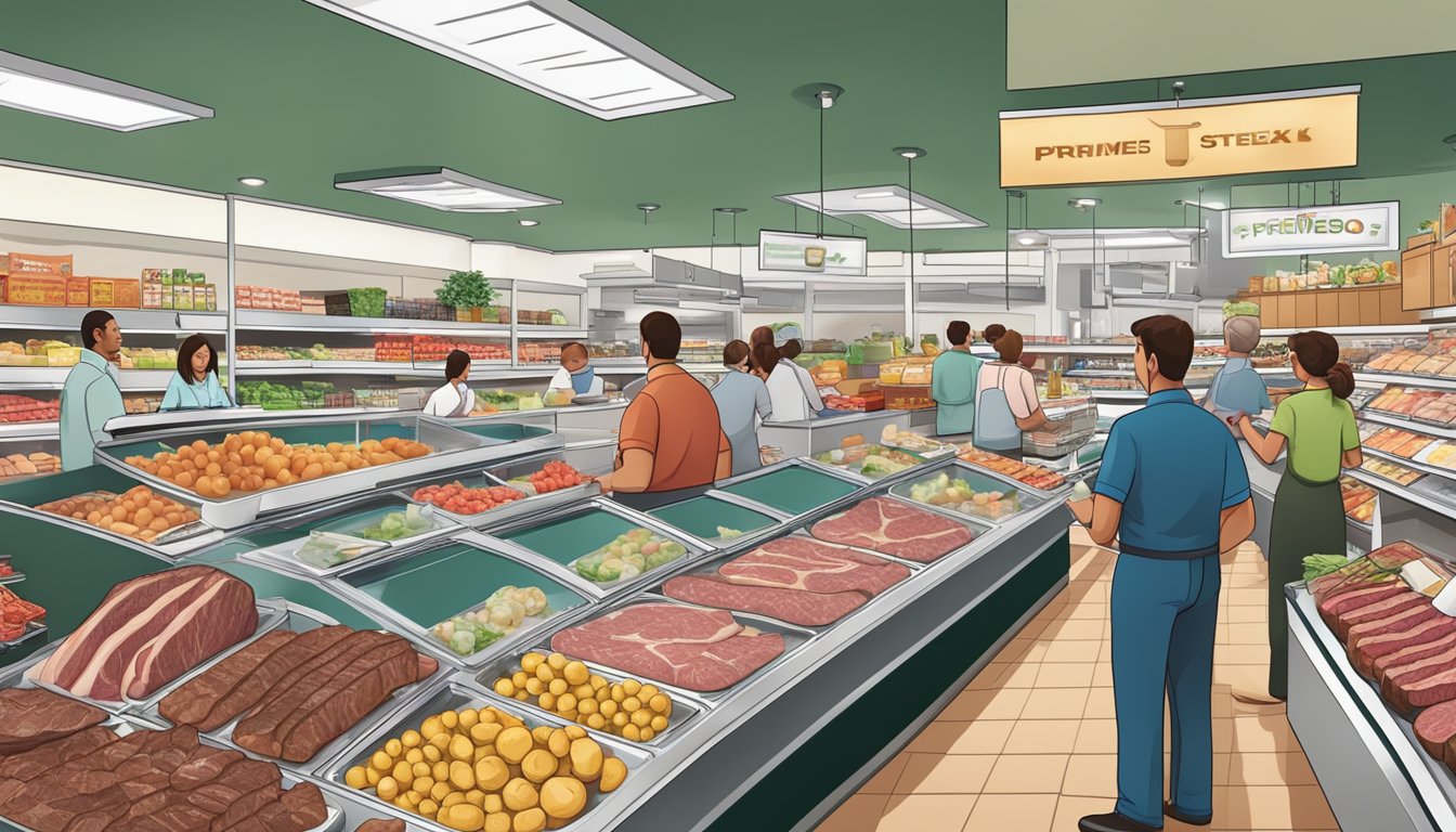 A bustling grocery store with an impressive display of prime steaks, carefully arranged and labeled, surrounded by eager customers