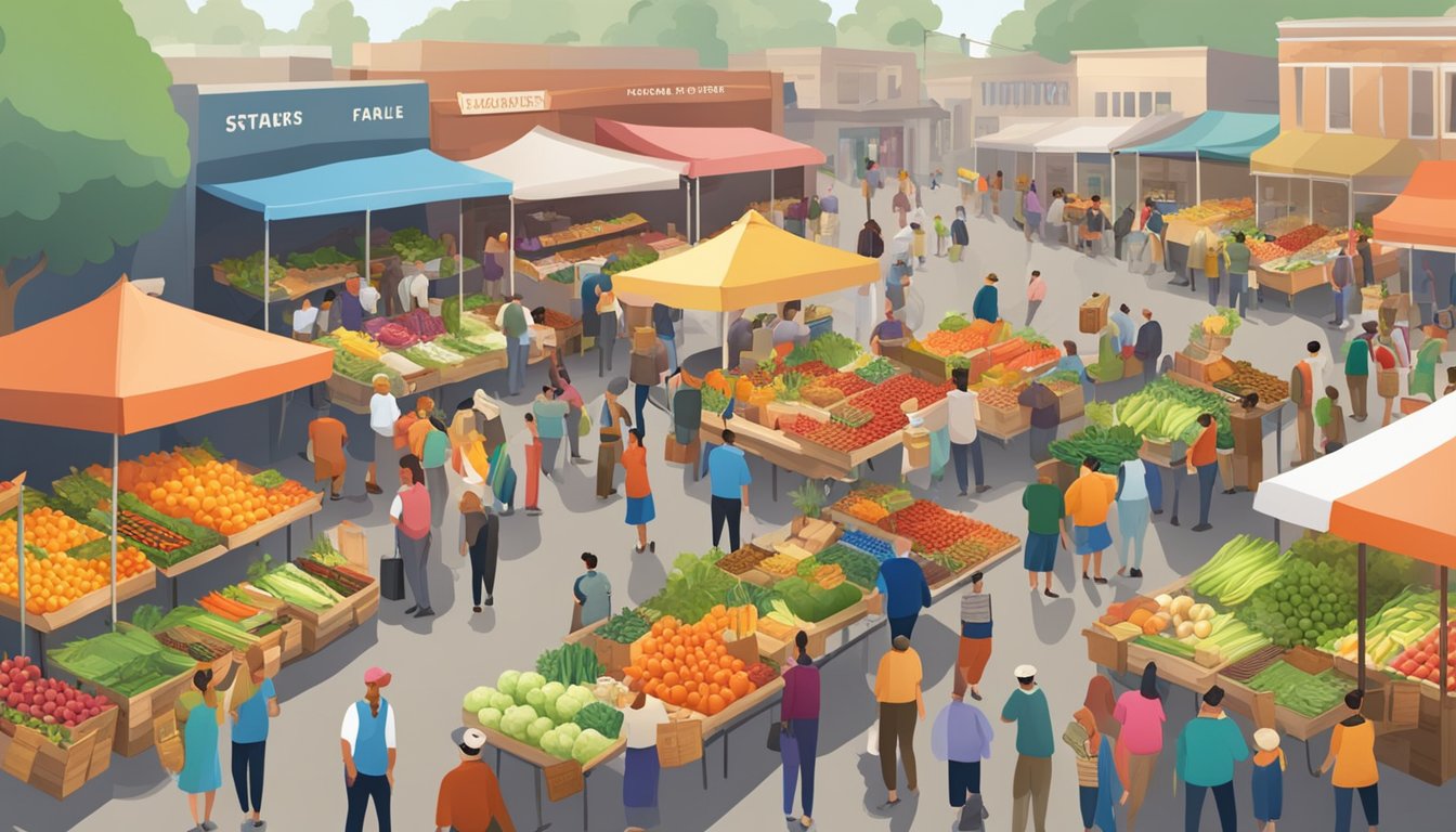 A bustling farmer's market with colorful stalls overflowing with fresh fruits and vegetables, surrounded by eager shoppers and cheerful vendors