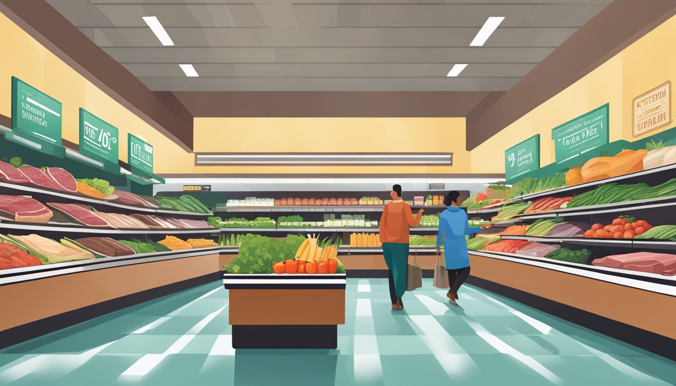 A bustling grocery store aisle showcasing a variety of prime cuts of steak, with vibrant signage and fresh produce in the background