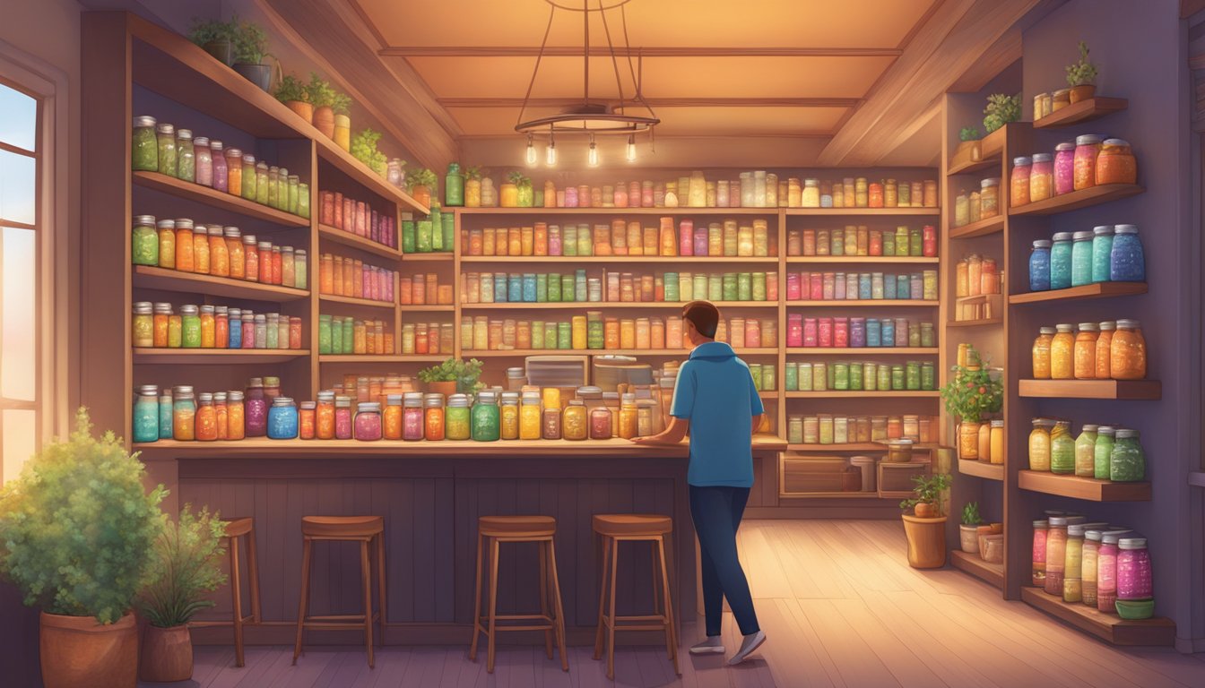 A cozy tea shop with shelves of colorful tins and jars, a warm glow emanating from the center display of David's Tea 'The Glow' blend