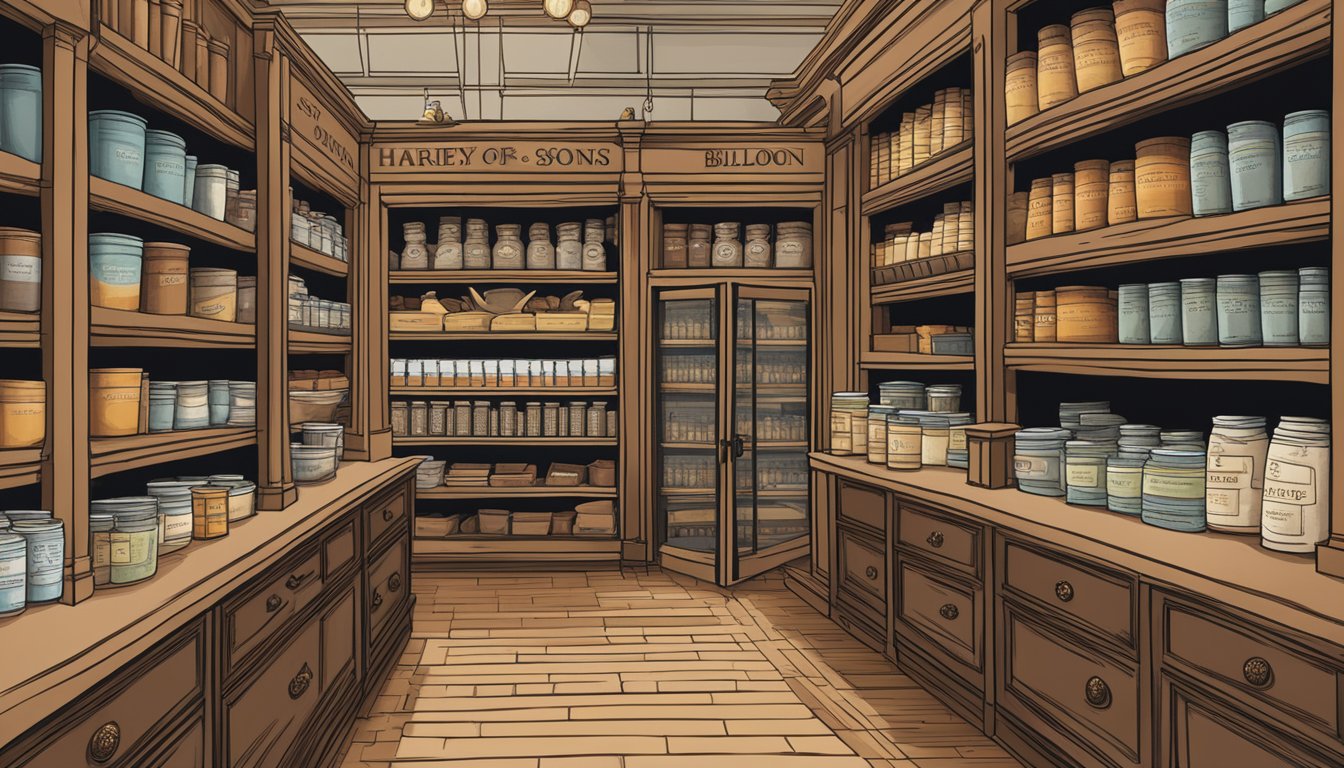 A cozy grocery store aisle filled with shelves of Harney & Sons Tower of London Blend tea, with a warm and inviting atmosphere for tea enthusiasts