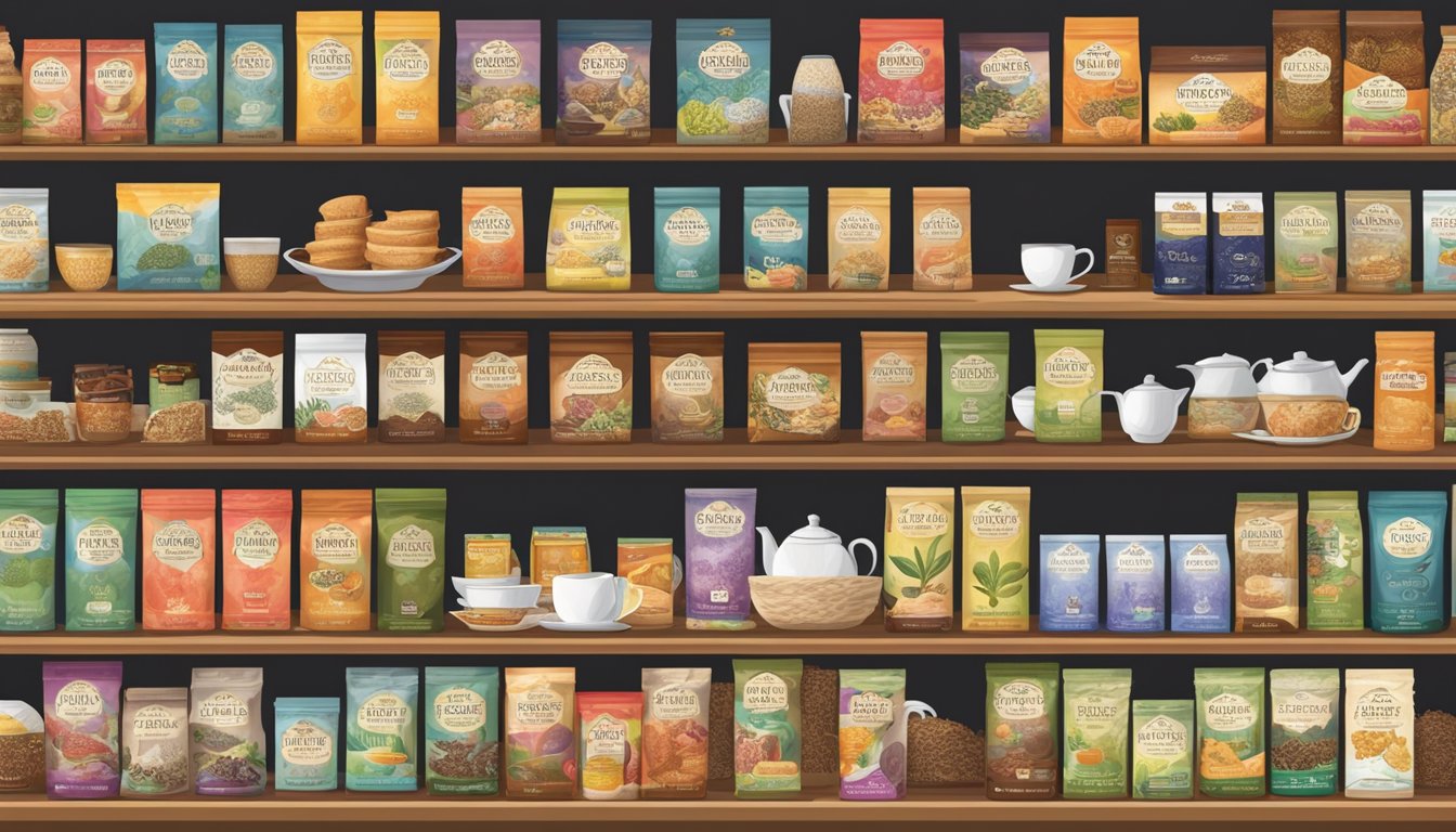 A cozy grocery store shelf displays a variety of high-quality teas, with The Republic of Tea British Breakfast prominently featured