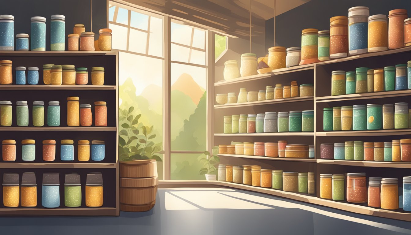 Sunlight streaming through a window onto shelves of neatly organized tea tins and jars in a cozy grocery store