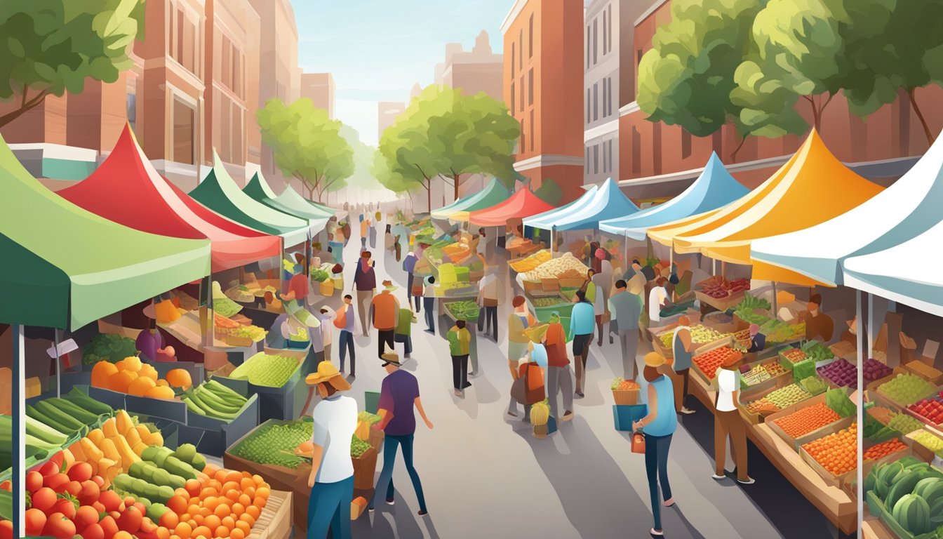 A bustling farmers' market with colorful stalls showcasing an array of fresh fruits and vegetables, surrounded by eager shoppers and vendors