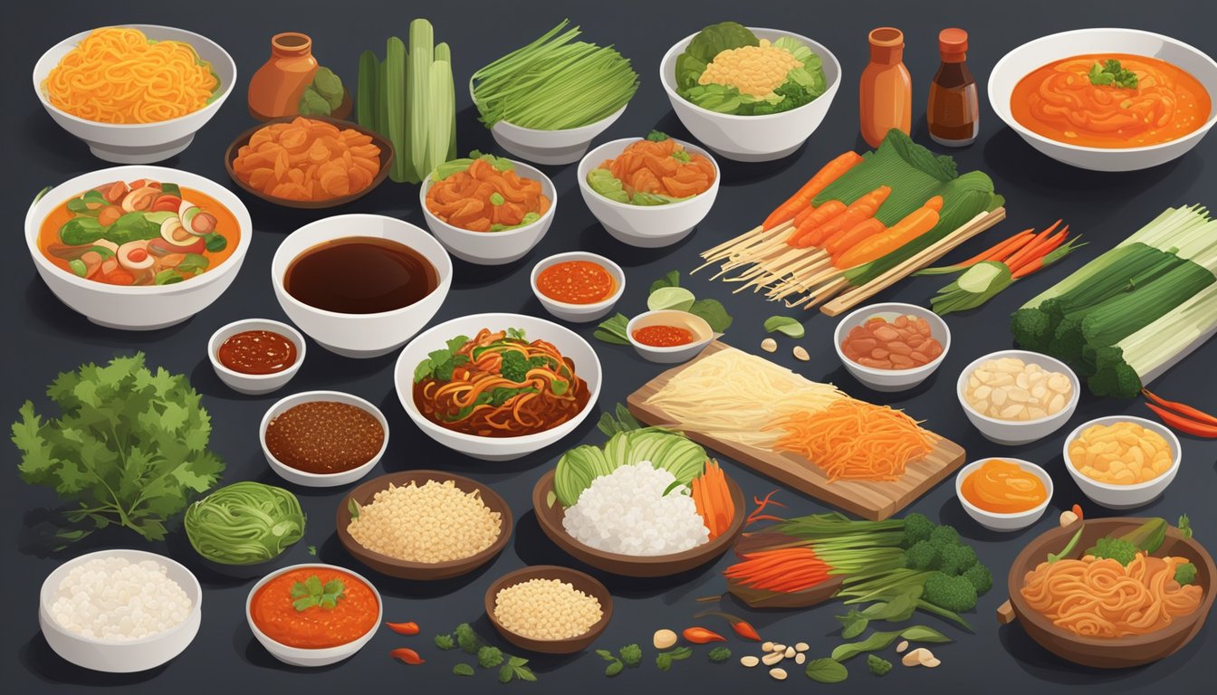 A colorful array of Asian groceries, with Bibigo Gochujang Sauce as the centerpiece, surrounded by various ingredients and products from different Asian cuisines