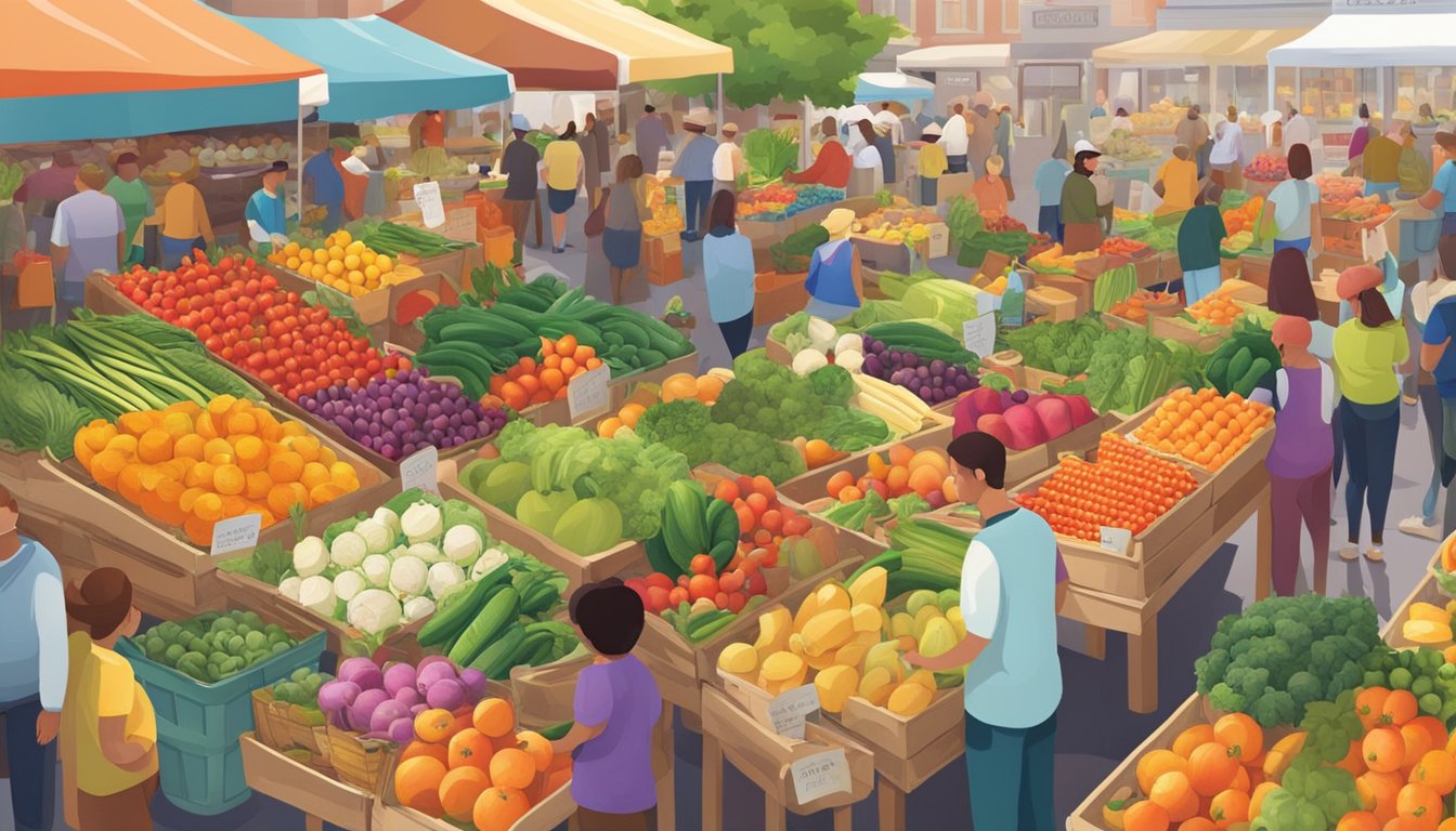 A bustling farmers market with colorful stalls overflowing with fresh fruits and vegetables. Shoppers browse the vibrant displays, sampling and selecting the best produce