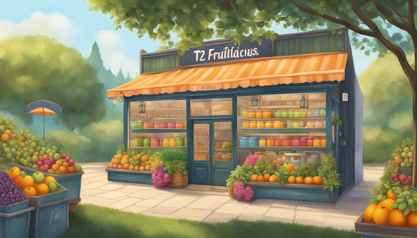 A cozy tea shop nestled among vibrant fruit trees, with shelves lined with colorful tea canisters and a sign advertising "T2 Fruitalicious."