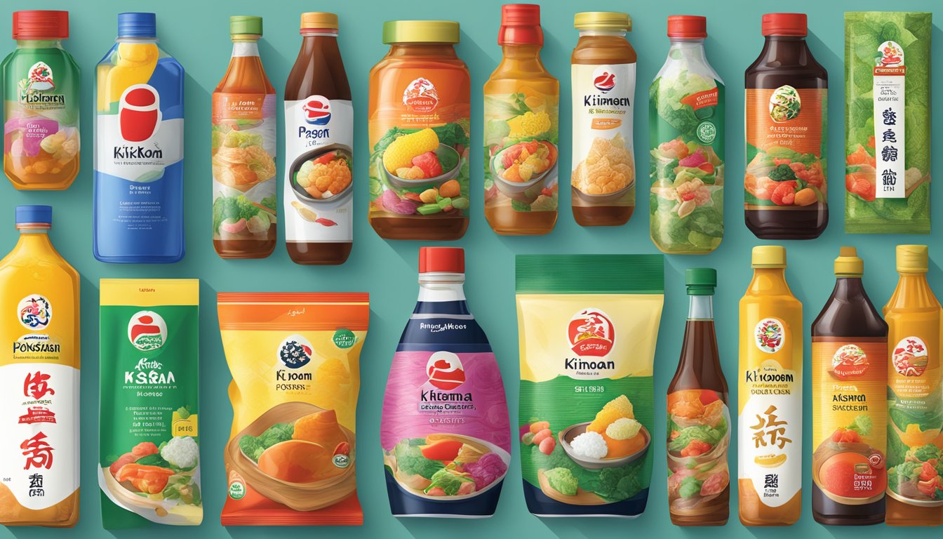 A vibrant display of Asian groceries, including Kikkoman Ponzu Sauce, with colorful packaging and exotic ingredients