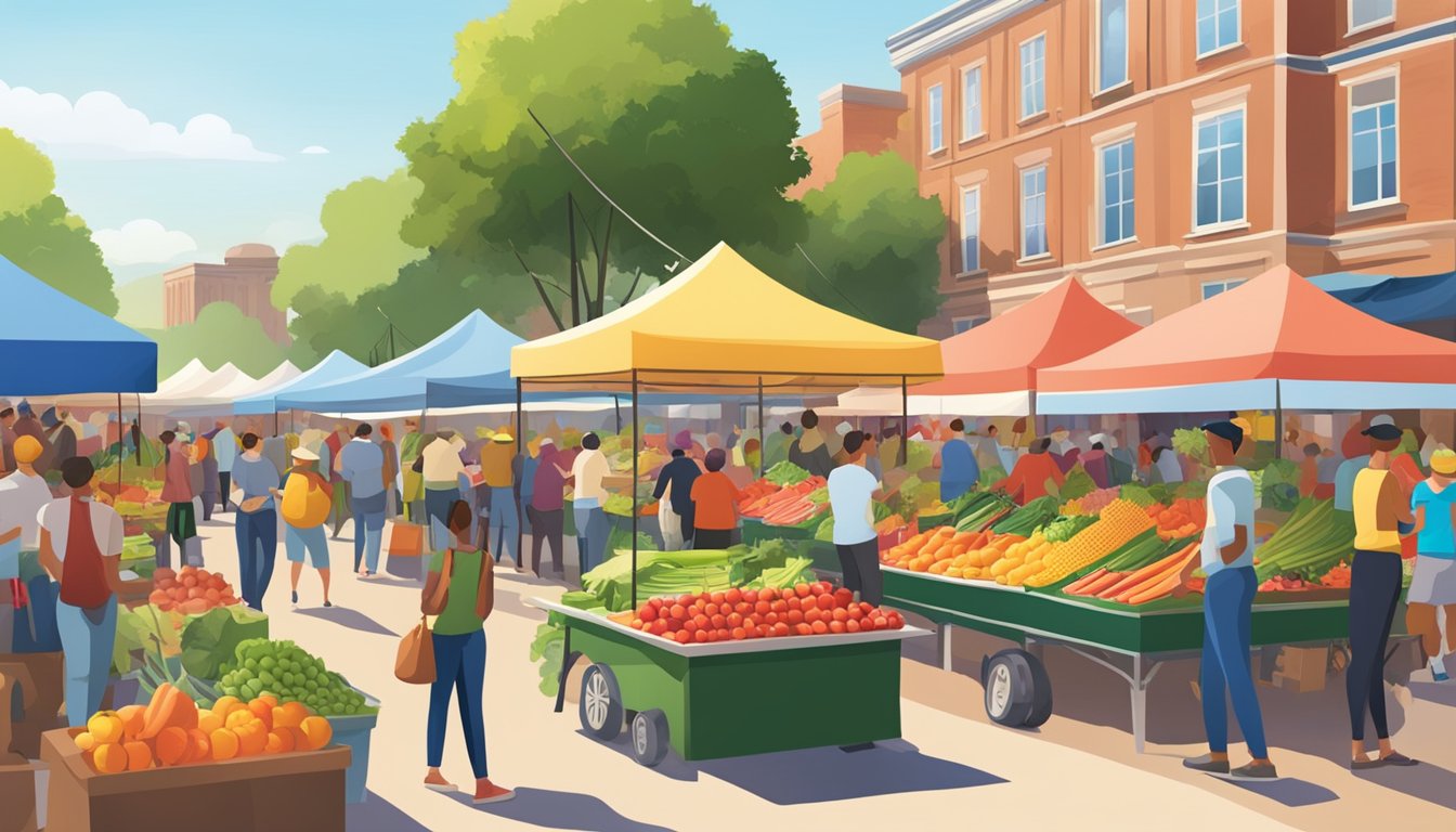 A bustling farmers market with colorful produce stalls and a crowd of shoppers browsing the fresh fruits and vegetables