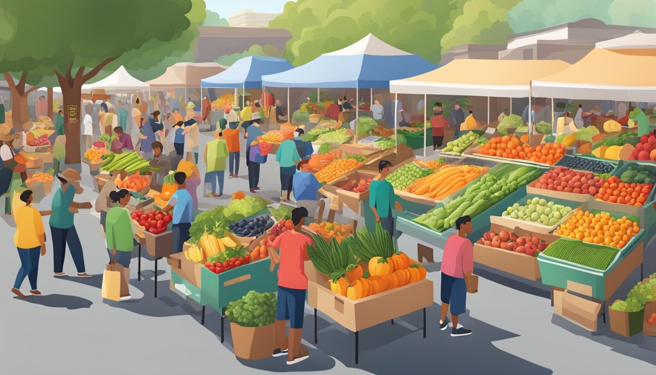 A bustling farmers market with colorful displays of fresh fruits and vegetables, surrounded by enthusiastic shoppers and cheerful vendors