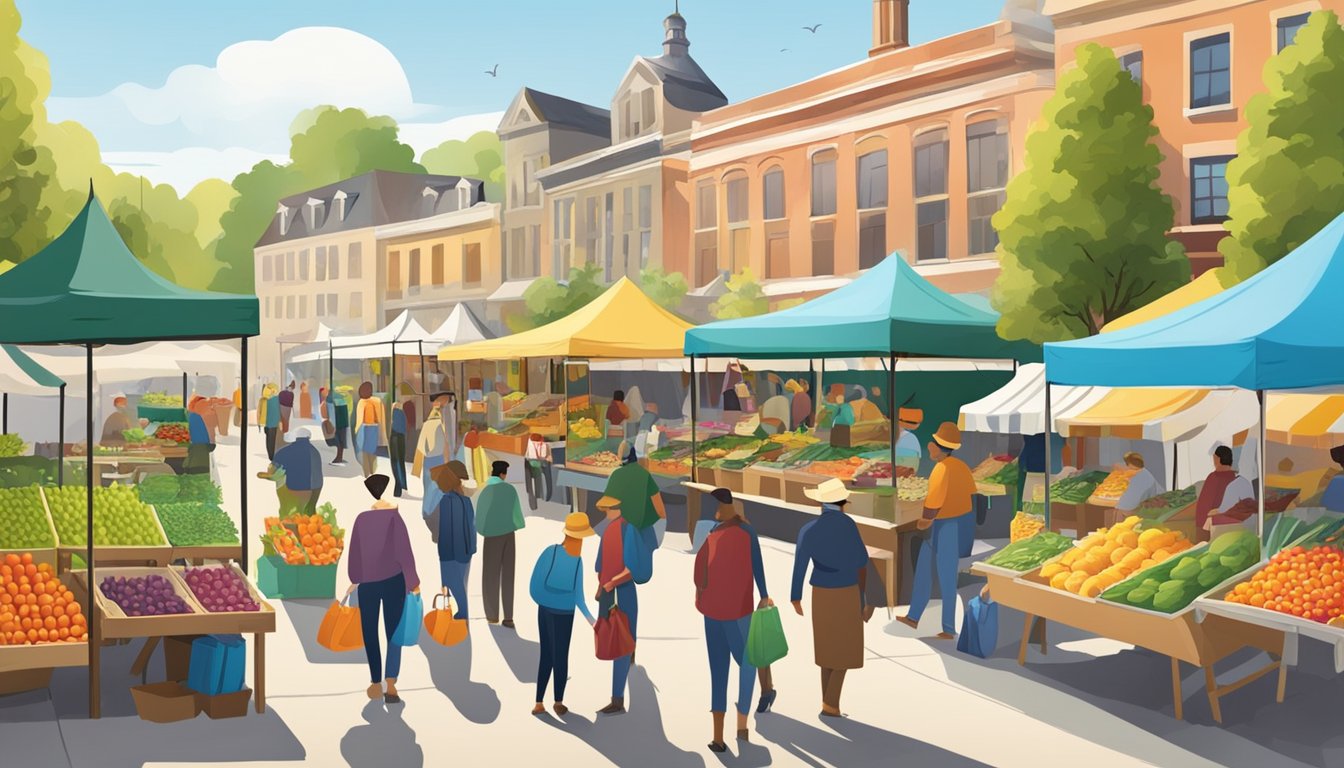 A bustling farmers' market with colorful stalls and abundant fresh produce. Customers browsing and chatting with vendors. A sign displaying "Seasonal Availability and What to Expect."