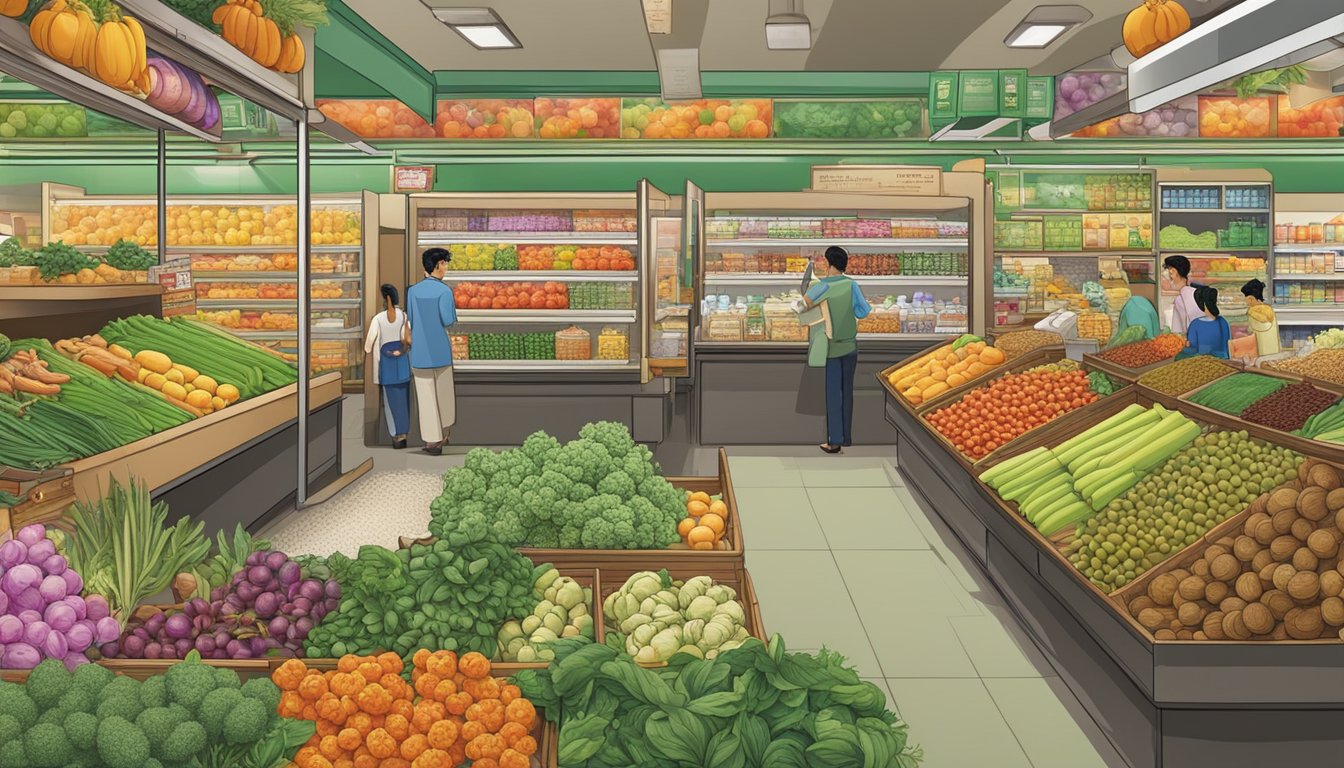 A bustling Asian grocery store with colorful displays of exotic produce, spices, and packaged goods. Customers browse the aisles, while the aroma of fresh herbs and cooking ingredients fills the air