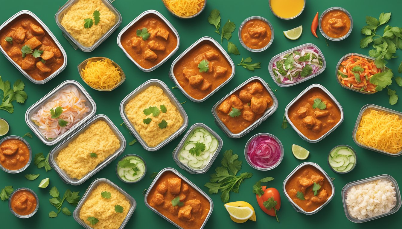 A colorful display of Chicken Tikka Masala containers at Whole Foods Market, surrounded by fresh ingredients and vibrant packaging