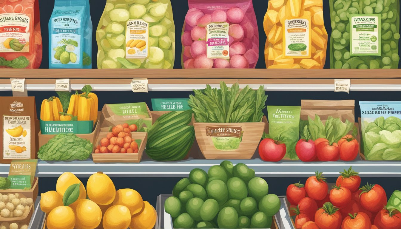 A colorful display of fresh produce and packaged goods at Trader Joe's, featuring a variety of sugar-free options for health-conscious shoppers