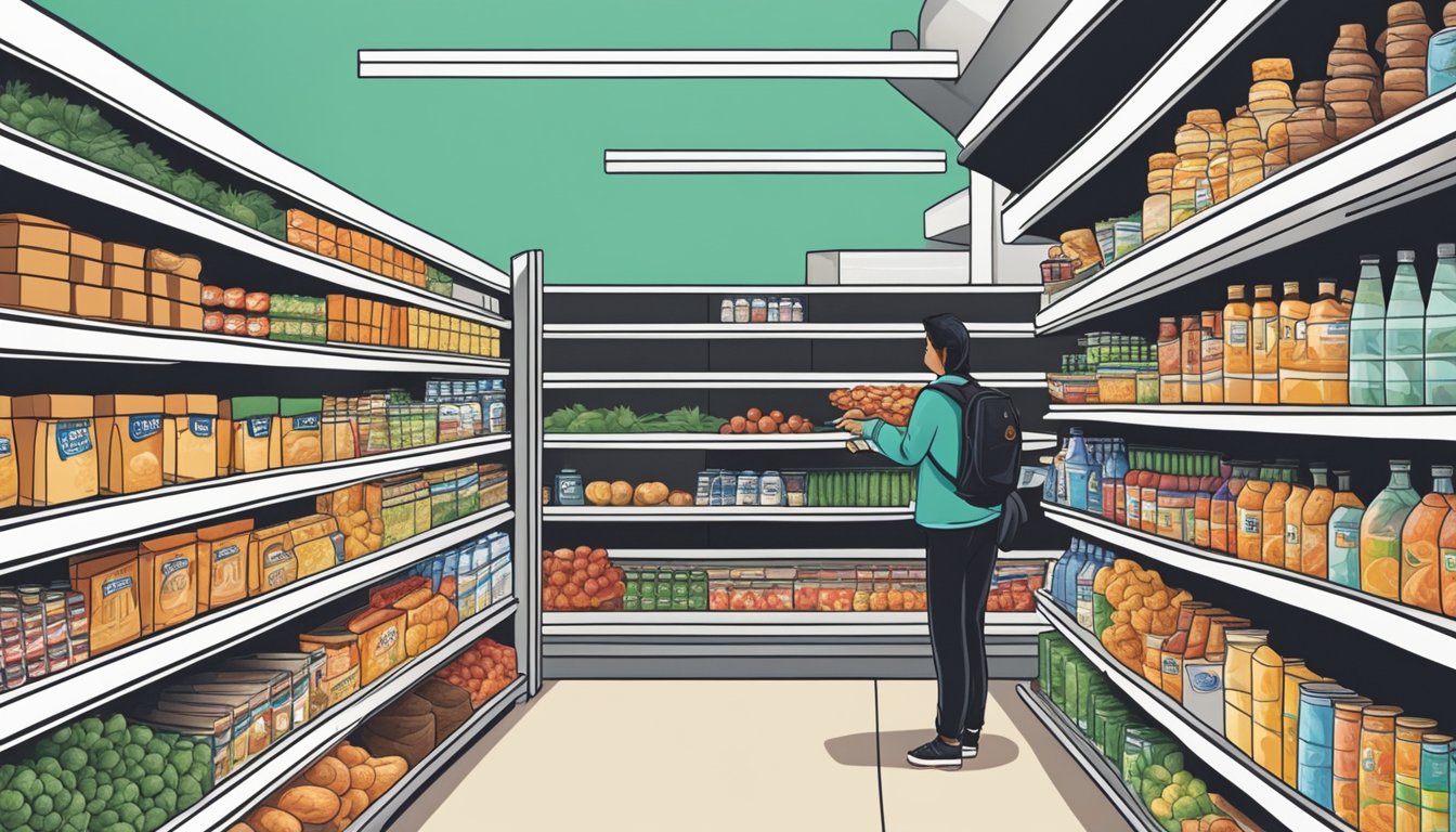 A person reaching for store-brand groceries on a crowded supermarket shelf