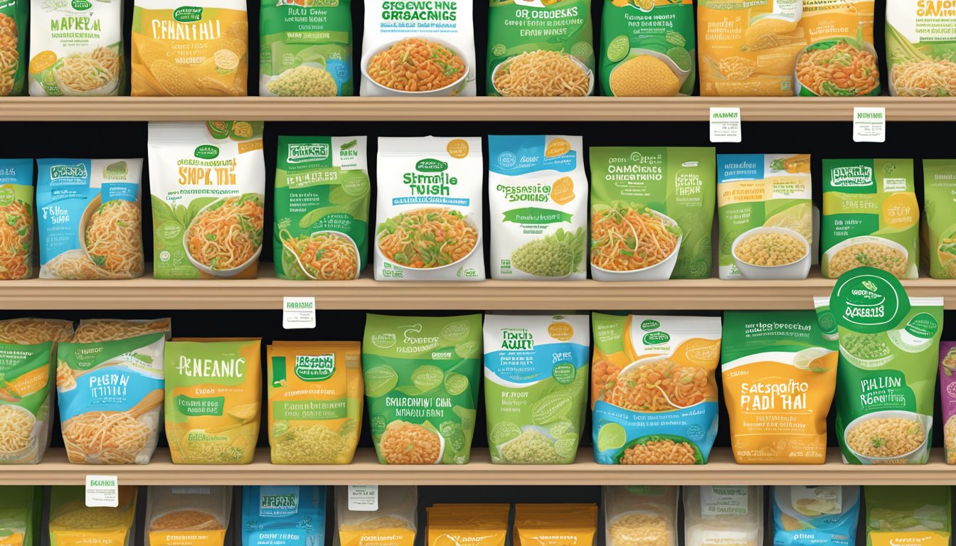 A colorful display of Simple Truth Organic Pad Thai packages arranged on a grocery store shelf