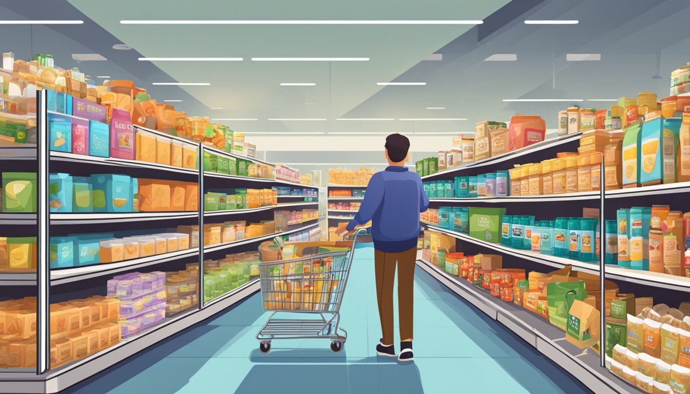 A person pushing a shopping cart filled with bulk non-perishable items, surrounded by shelves stocked with various products. The store is busy with other shoppers, and there are signs advertising discounts and promotions throughout the aisles