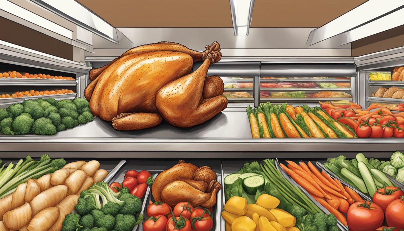 A rotisserie chicken surrounded by fresh vegetables and packaging, displayed in the prepared foods section of a Safeway grocery store