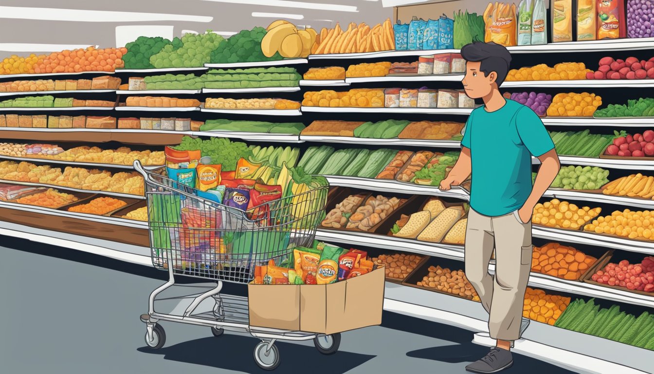 A person with a frown looks at a cart filled with unhealthy snacks, while a nearby display of fresh produce catches their eye