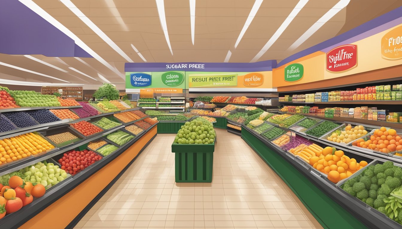 A colorful display of fresh fruits, vegetables, and sugar-free products at Wegmans, with vibrant signage showcasing the best grocery stores for sugar-free shopping