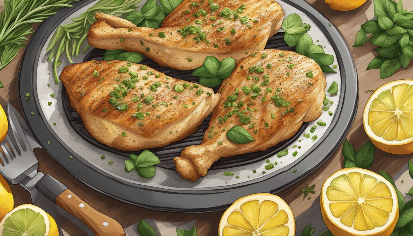 A sizzling lemon pepper chicken breast grilling on a hot barbecue, surrounded by fresh herbs and citrus slices at Sprouts Farmers Market