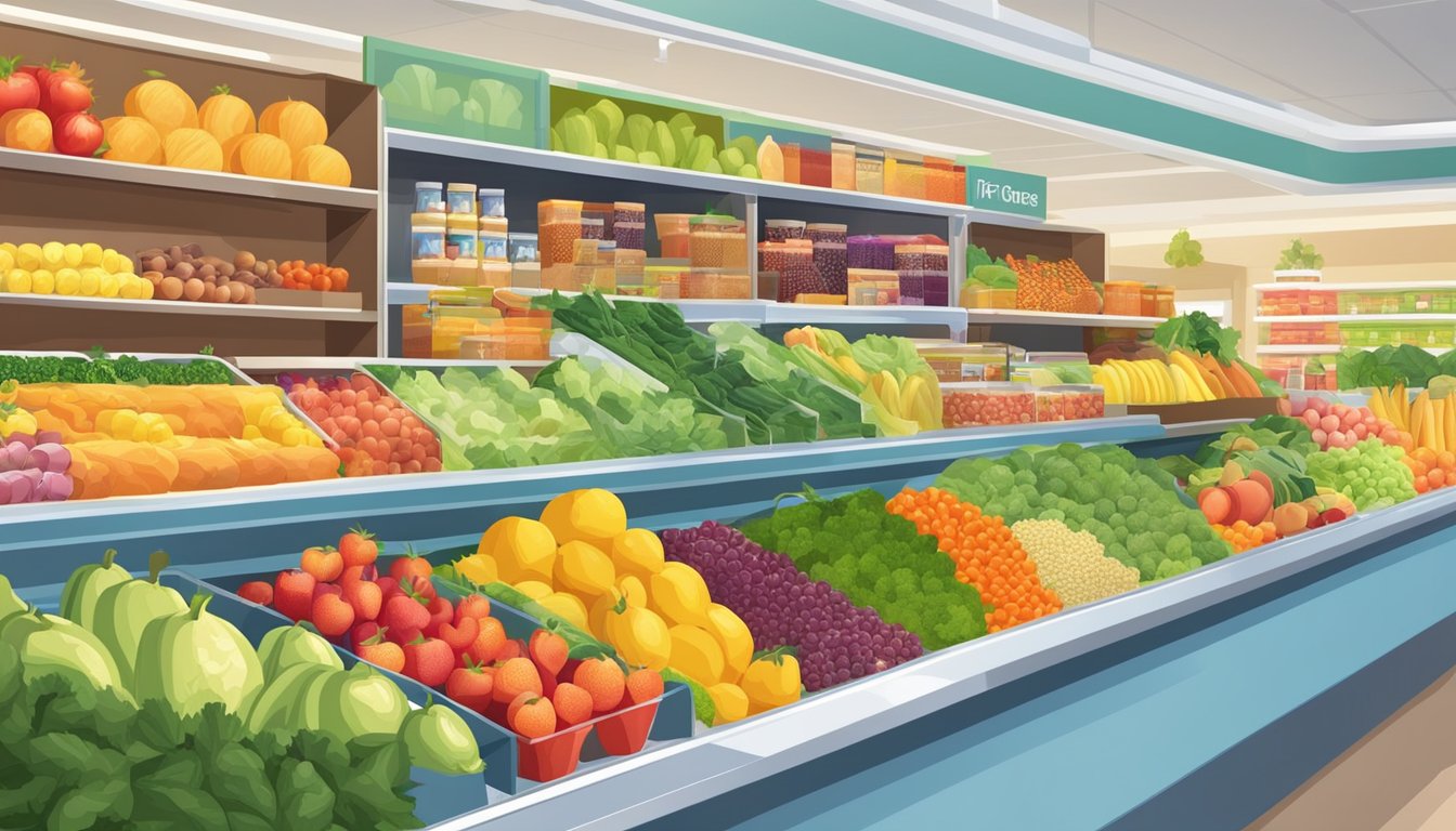 A colorful display of fresh fruits, vegetables, and sugar-free products in a modern grocery store. Bright signage highlights the health benefits of sugar-free foods